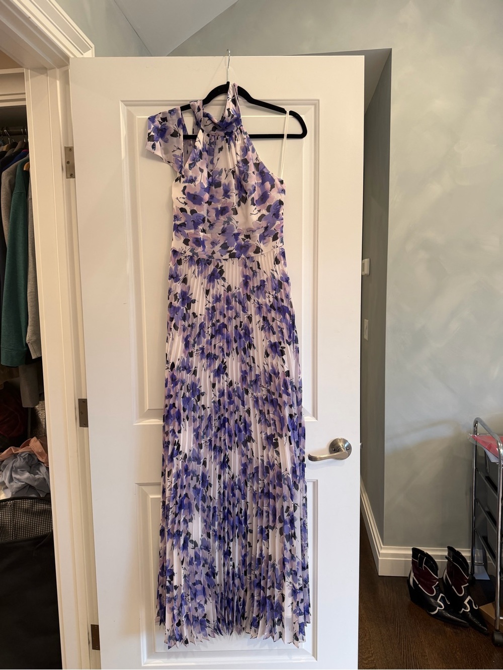 Eliza J Lavender and White Halter Pleated Maxi Dress